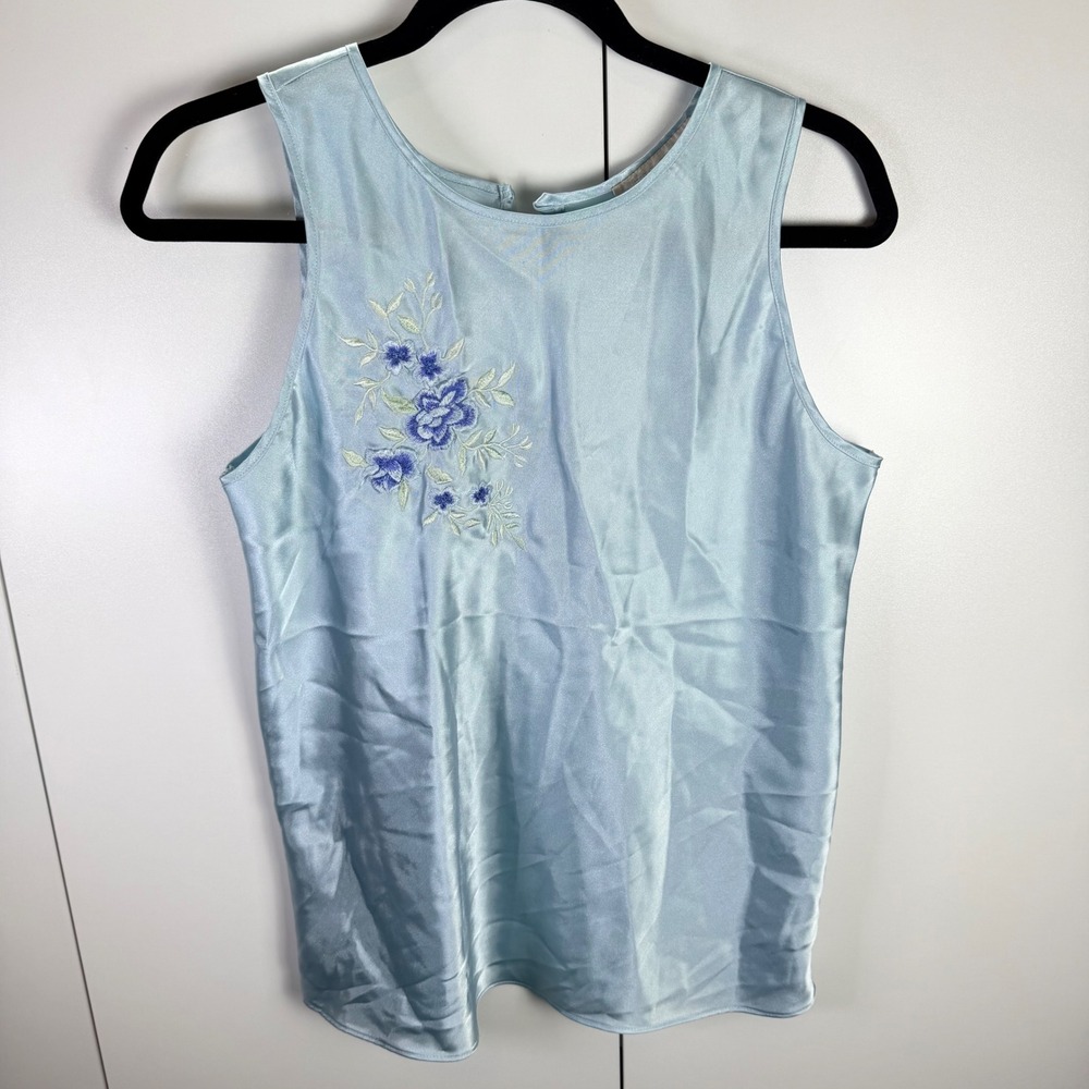 VTG California Dynasty Womens M Blue Floral‎ Embroidered Top Feminine Lingerie